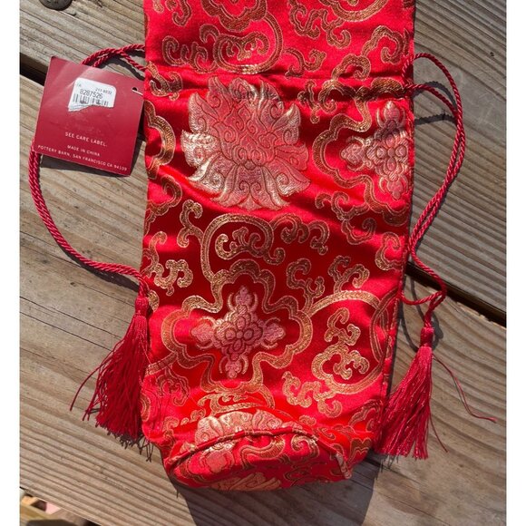 Pottery Barn Chinese Wine/Gift Bag With Tassels Red & Gold Chinoise Drawstring - Picture 2 of 8